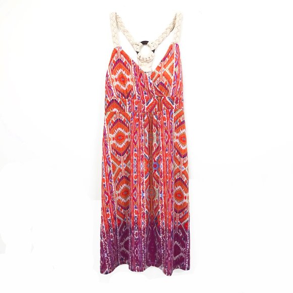 Pink Rose Ombre Ikat w/ Macrame Strap V-Neck Dress - Picture 1 of 4